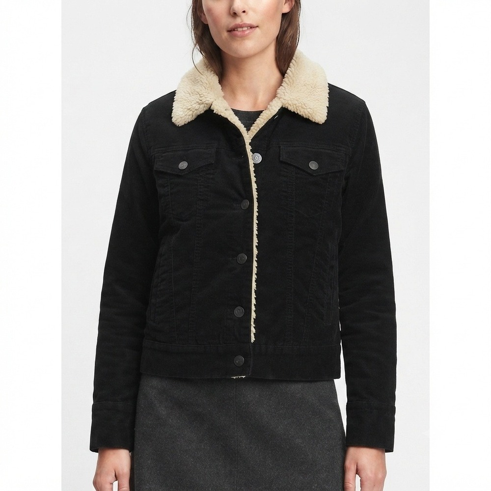 Gap Jacket Womens Small Black Velvet Sherpa Lined Trucker Faux Fur Collar